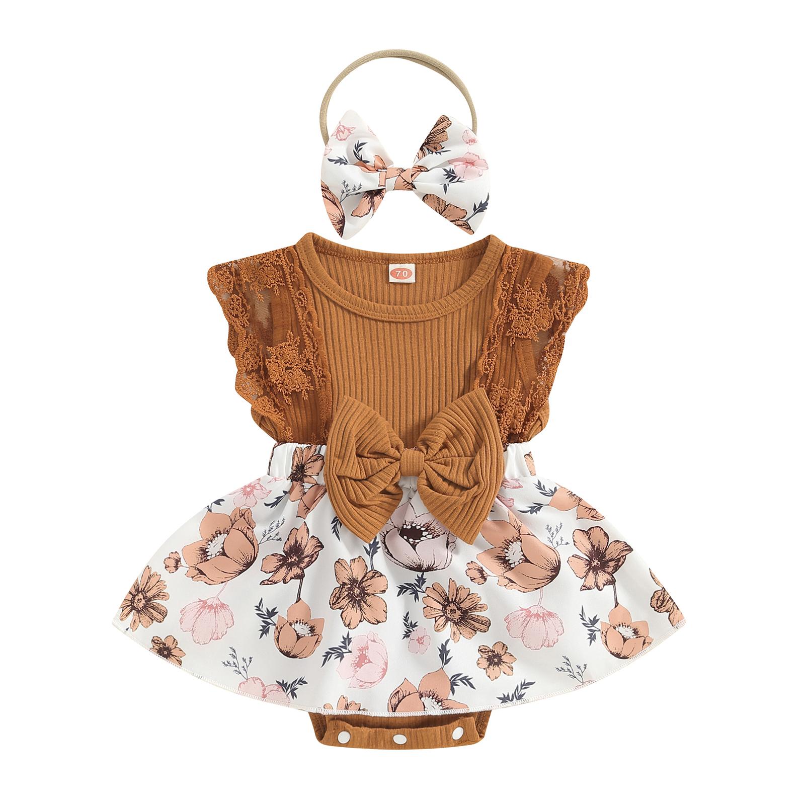 

Летний комбинезон для маленьких девочек 3, 6, 12, 18 месяцев, кружевной лоскутный комбинезон с цветочным принтом, платье и повязка на голову, комплект милой модной одежды, наряды 3-6 Months кофейный
