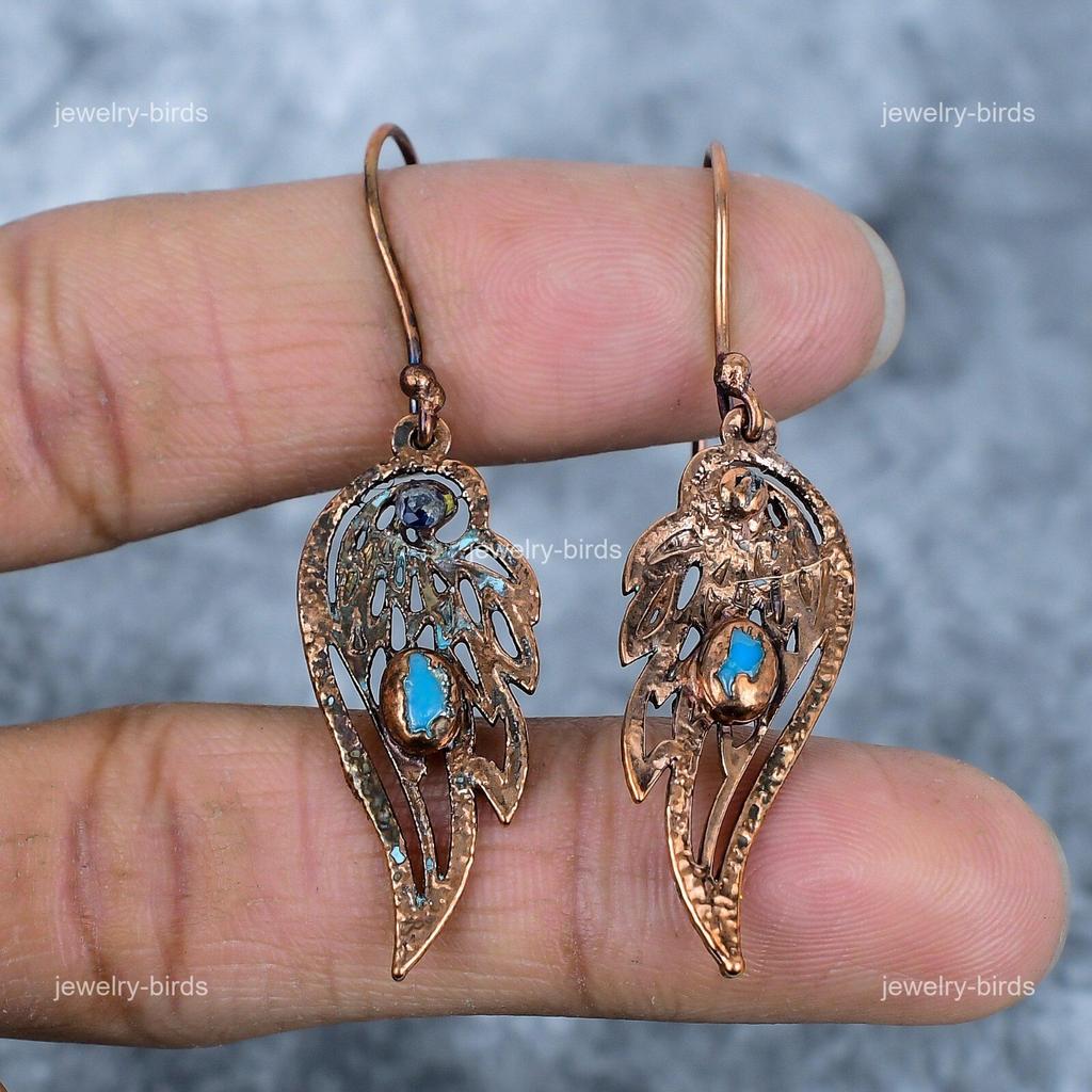 Turquoise Gemstone Copper Dangling Electroformed Anniversary Wife Gift Earrings VP-87