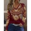 Women's Spring and Autumn Loose Fit Versatile Long Sleeve Mesh Breathable V-Neck T-Shirt Classic Retro Tribal Element 3D Print