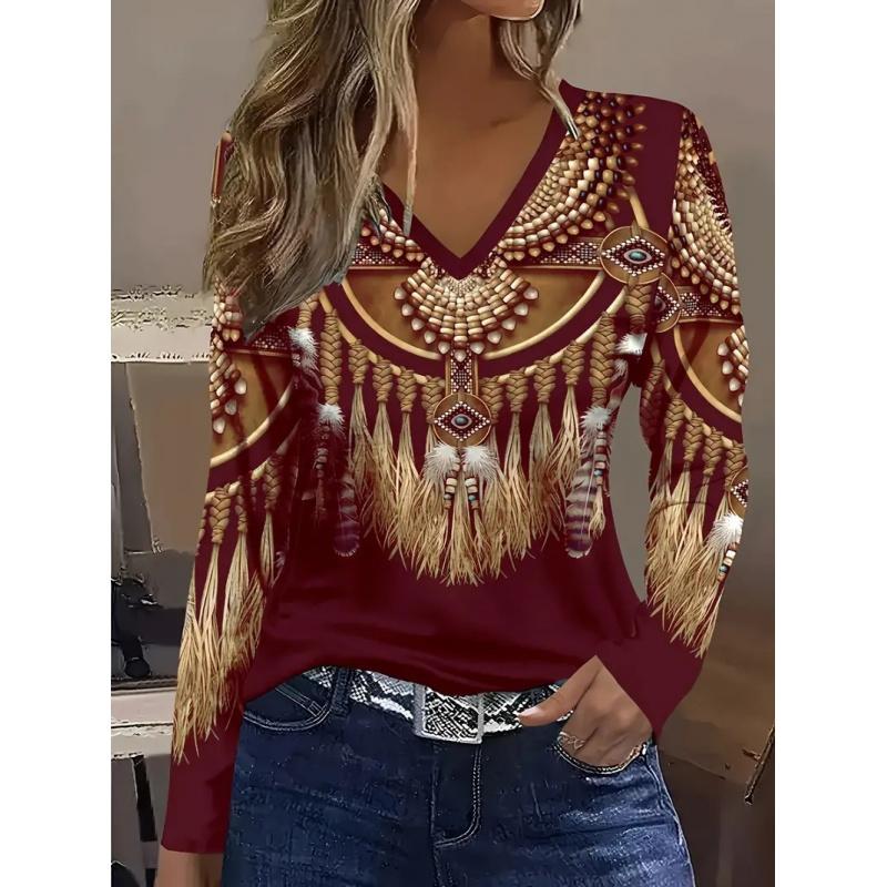 Women's Spring and Autumn Loose Fit Versatile Long Sleeve Mesh Breathable V-Neck T-Shirt Classic Retro Tribal Element 3D Print