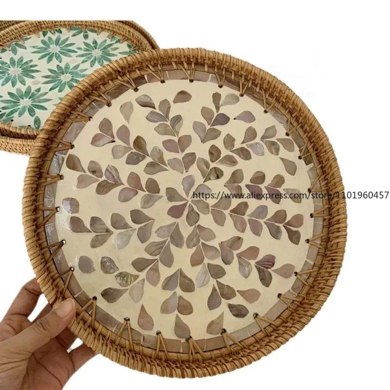 Handwoven Rattan Tray Bread Woven Storage Baskets Fruit Cake Snacks Round Picnic Basket Dinner Serving Trays Kitchen Supplies