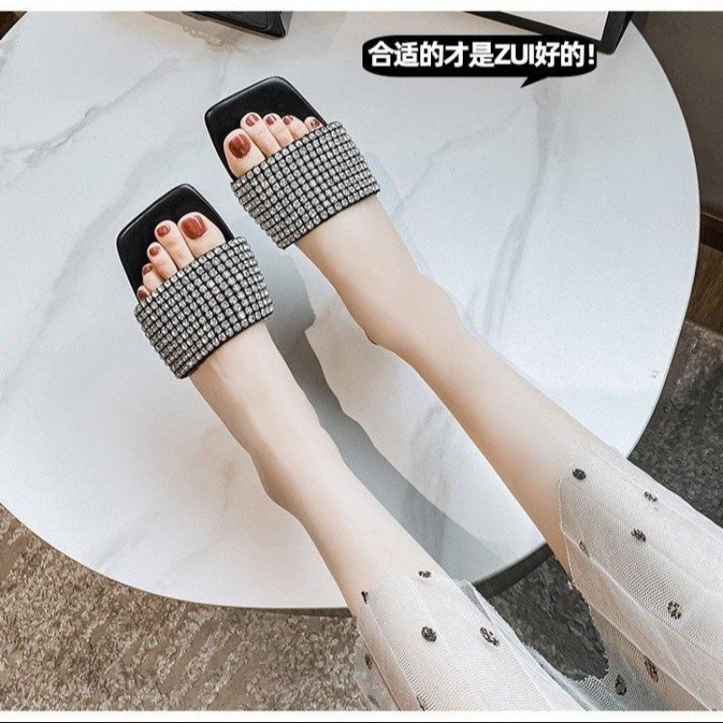 Full Diamonds Slippers Woman Transparent Heels Sandals Plus Size 35-40 Ladies Casual Flipflops Femme Comfy Slides Crystal Shoes