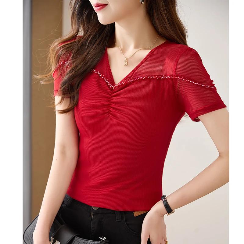 Women's Red V Neck Beaded Mesh Spliced Ruched Slim Short Sleeve Top