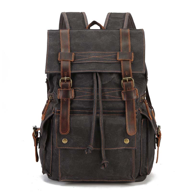 

Винтажный рюкзак из состаренной кожи и вощеного холста, большой вместимости, с несколькими карманами, новый, водонепроницаемый, на шнурке, для активного отдыха и путешествий, двухплечевой чёрный