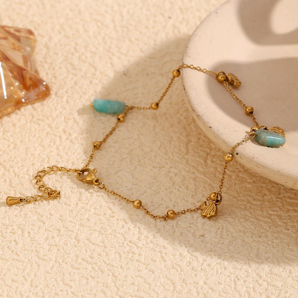 MamacitaSlay Elegant Natural Stone Amazonite Fish Pendant stainless steel anklet woman Waterproof Jewelry Accessories Gift