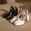 2025 new French black square head waterproof table high heels women's one-word buckle strap thick heel single shoes bag head sandals