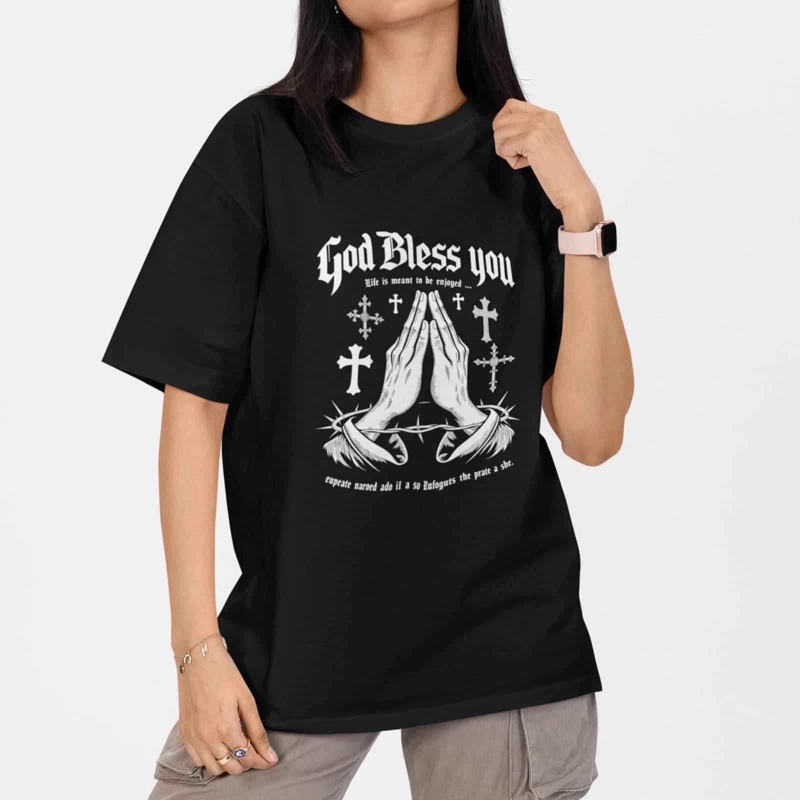 God Bless You T Shirt Christian Faith Tee Praying Hands Cross Religious Shirt XS
