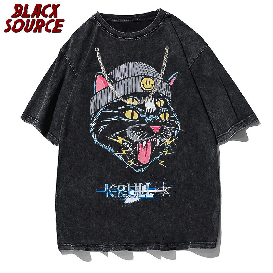 Hip Hop Oversized Tshirt Streetwear Cat Graphic Print Punk Gothic TShirt Men Casual Washed Tee Shirts Harajuku Cotton Tops