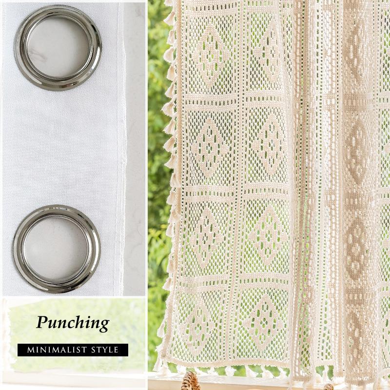 Cotton Crochet Hollow Woven Curtain American Pastoral Retro French Country Cotton Linen Lace Fringed Bedroom Gauze Curtain