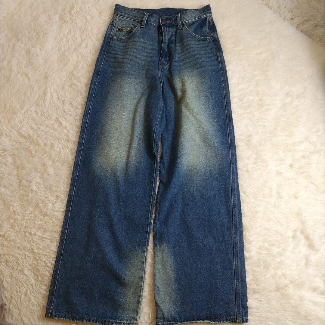 Wego Standard Wide Leg Straight Denim Distressed Blue