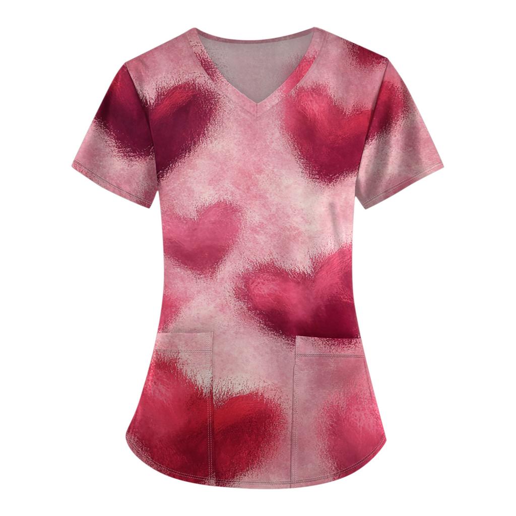 Damenmode V-Ausschnitt Kurzarm Overalls mit Tasche Valentinstag Bedruckte Oberteile Kleidung