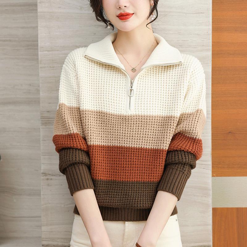 Women's Color Block Striped Lapel Sweater - Cozy Half-Zip Knit, Thick & Loose for Autumn/Winter.
