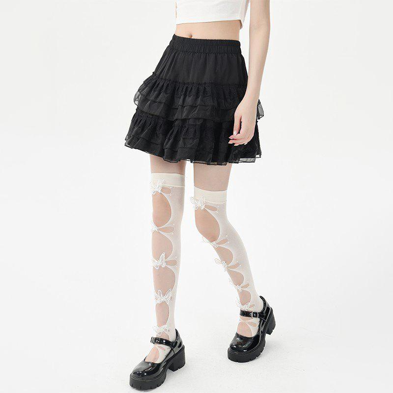 Women Lace Mini Skirt Summer Cake Ruffled High Waist Slim A Line Skirt Shorts Korean Female Kawaii Casual College White