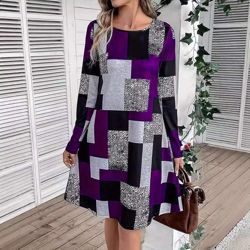 Color Block Geometric Pattern Print Long Sleeve Women's Dresses