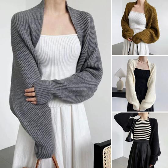 Women Knitted Cardigan Shawl Loose Bat Sleeves Solid Color Knitting Coat Short Style Shawl Coat Autumn Winter Wear