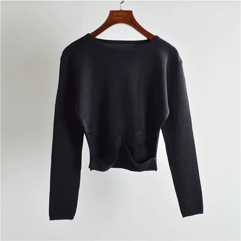 

Asymmetrical Cross Slim Looking Silm round Neck Knitwear Small Cropped Long Sleeves Tops Female Spring and Autumn Easiest for Match Tide Black One size