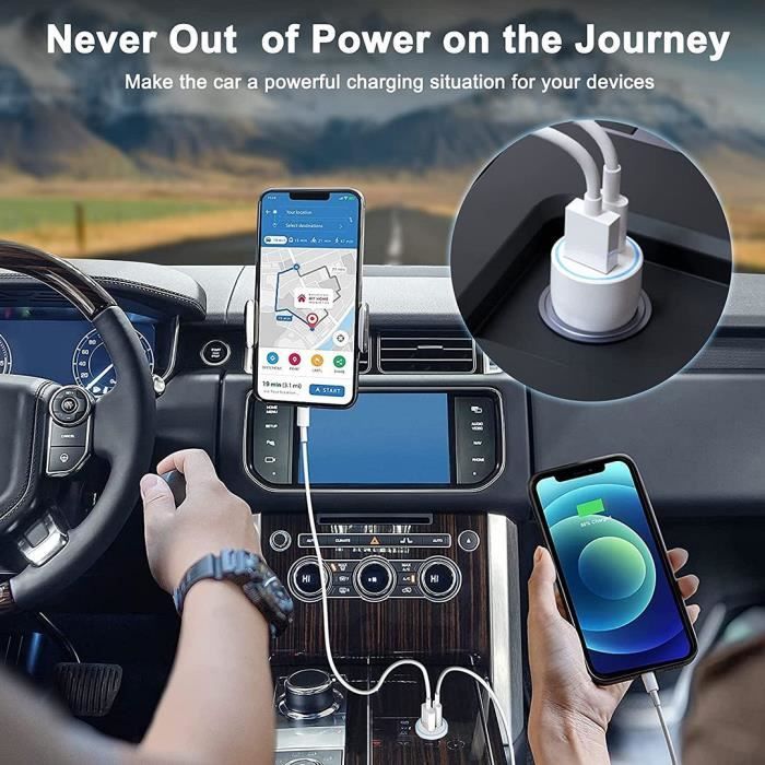 Chargeur de Voiture Rapide 38W Allume-cigare 2 Port - PD 20W + QC 3.0 Charge Rapide - Blanc