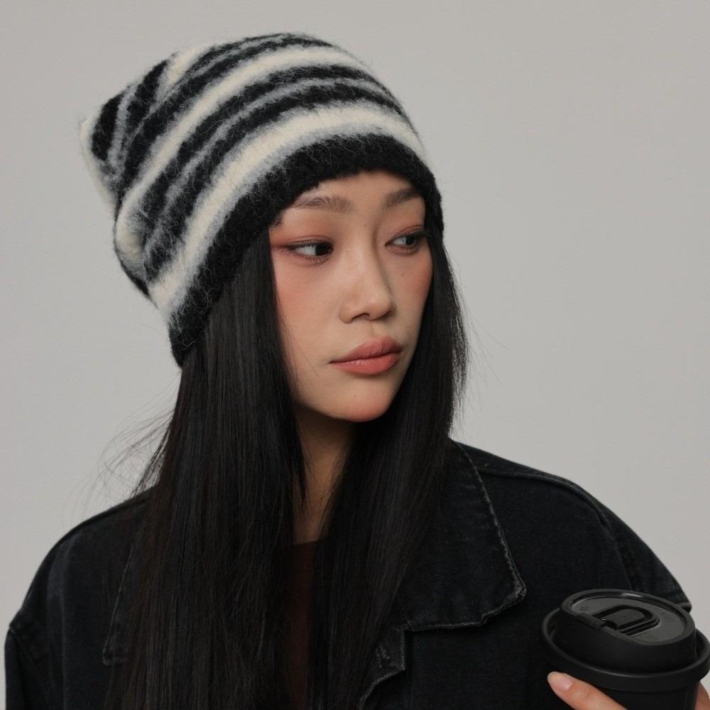 Plush Warm Skullies Hat Striped Ski Ear Protection Cap Unisex Knitted Beanies