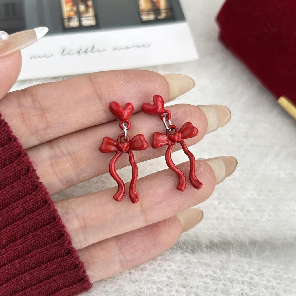 Red Bow Drip Oil Earrings: 925 Sterling Silver Autumn/Winter Studs for Women