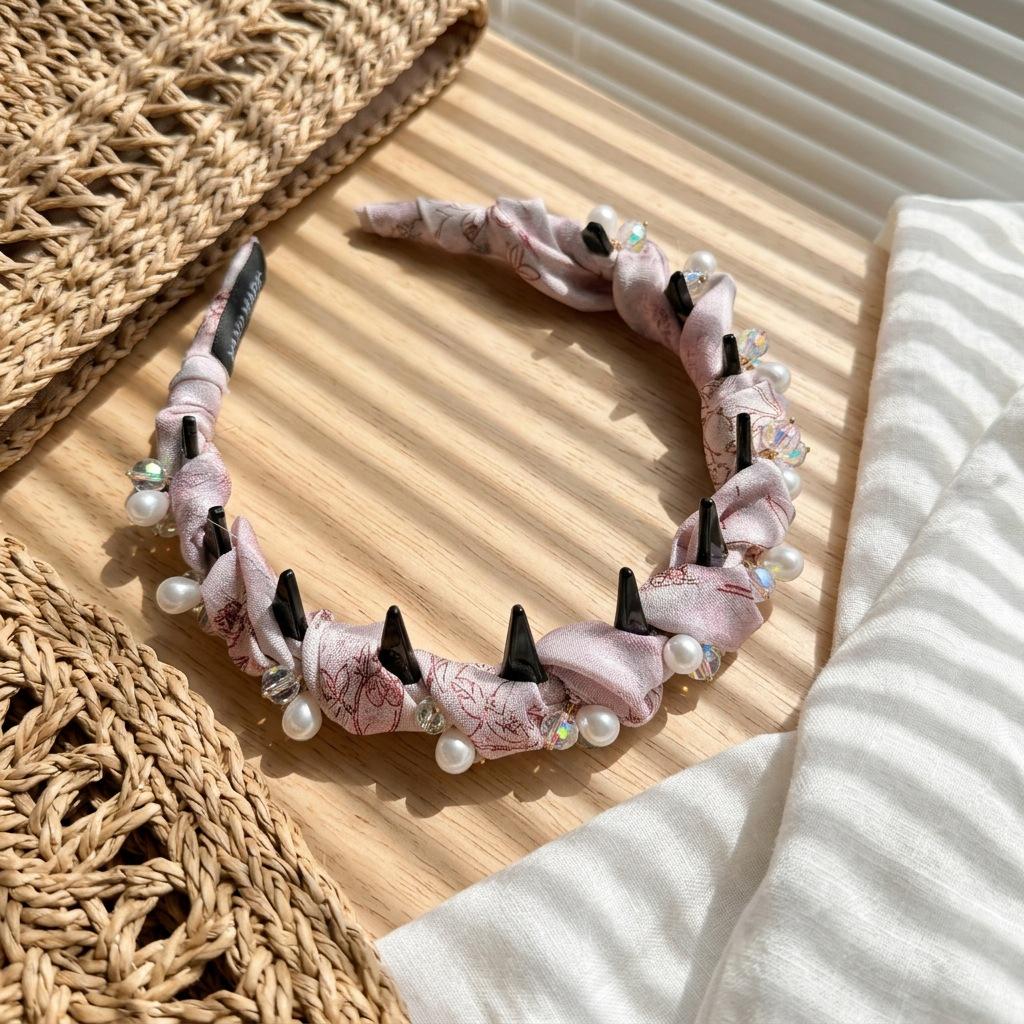 Luxurious Pink Floral Pearl & Rhinestone Pleated Headband - Exquisite Elevated Hair Accessory