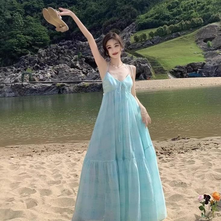 French Temperament Backless Seaside Vacation Style Blue Neck Sling Dress, Children's Waist and Thin New Long Dress