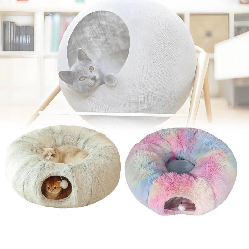 Stylish Winter Cat Bed Tunnel With Warm Long Plush Fabric Features Foldable Design Great For Cats And Dogs