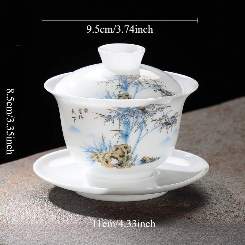 

150ml Sheep Fat Jade Covered Bowl Chinese White Porcelain Tea Bowl High End Kung Fu Three Talents with Lid Large Tea Cup 150ml