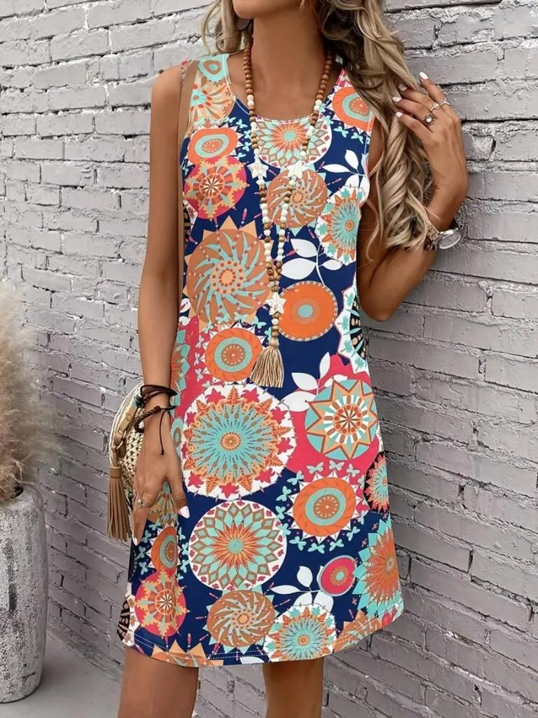 Summer Simple Geometric Floral 3D Print Sleeveless Vest Dress Spring And Summer Vacation Style Dress For Women