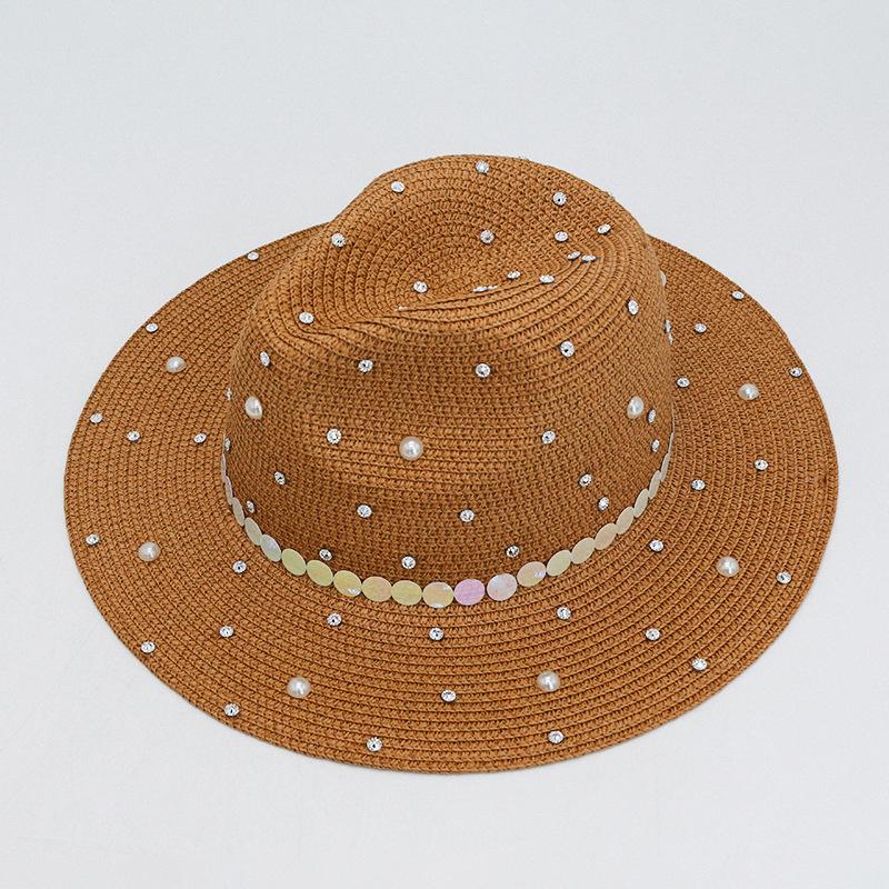 Perle Panama Strohhut Mode Herren und Damen Eingelegter Diamant Pailletten Zylinder Seaside Sonnenschutz Strandhut