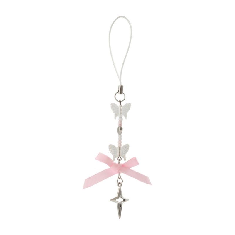 Lovely Strawberry Bowknot Phone Strap Charm Pendant with Star Accents Sturdy Handbag Adornment Craft Supplies for Girls