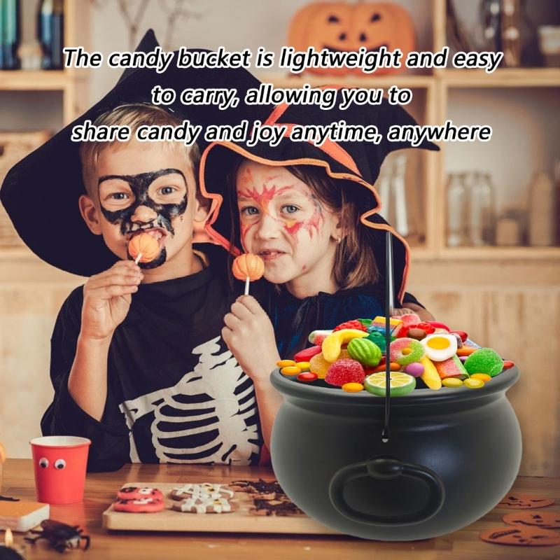 6 Piece Plastic Witch Cauldron Bucket Black Candy Container Treats Bowl for Halloween Party Supplies DIY Craft Decors