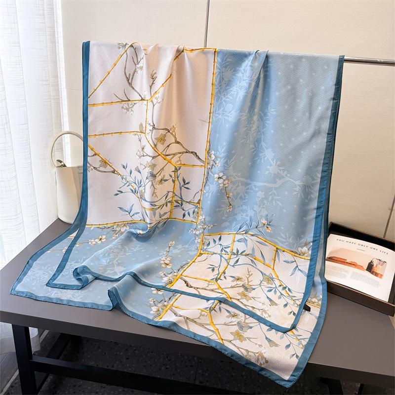 Spring and summer thin print simulation silk brocade sunscreen gold bottom peony silk scarf long scarf shawl versatile headscarf scarf