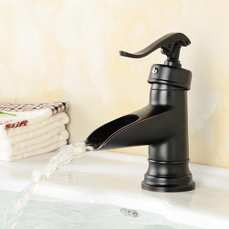 Antique Basin Faucets Black Bronze Waterfall Faucet Bamboo Bathroom Sink Taps Single Lever Hot and Cold Water Mixer Taps