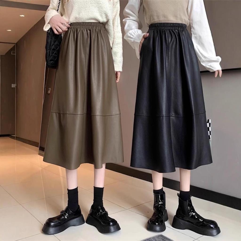 Elegant Black Plus-Size High Waist Leather Midi Skirt for Women - Autumn/Winter