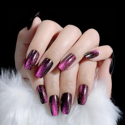 Unghie finte a forma di occhio di gatto con glitter riflettenti fatte a mano, copertura completa a bara media, viola, per donne e ragazze