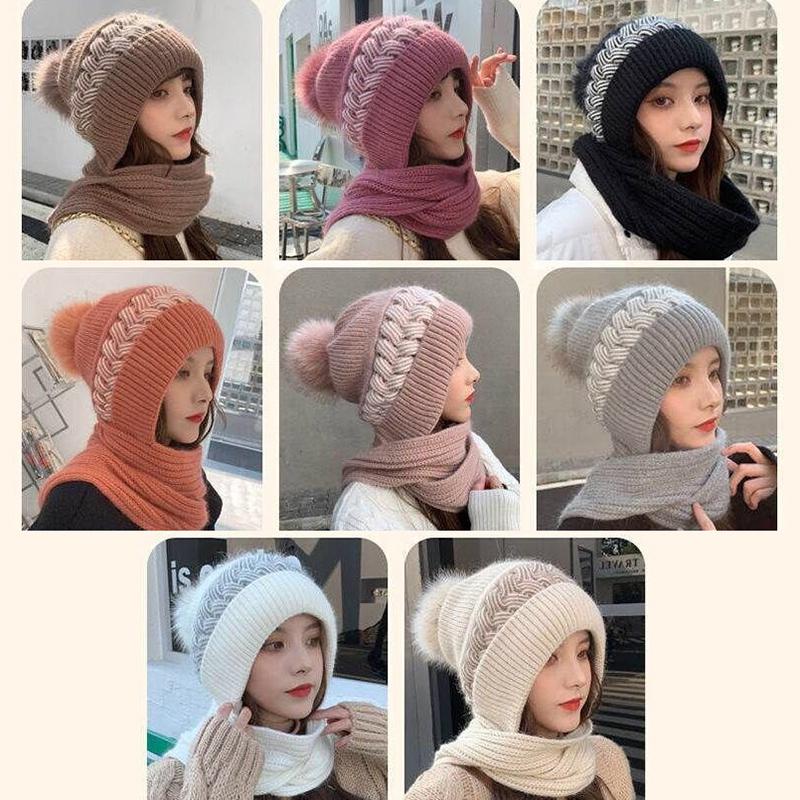 Women'S Korean Hooded Scarf Winter Hats Woman Cold Protection Warm Scarf Hat Cute Fur Ball Ear Protection Thickened Knitted Hat