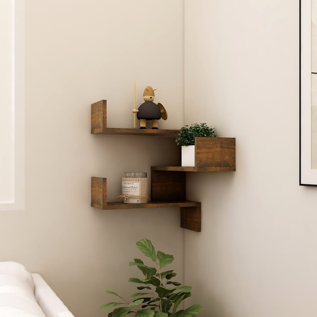 Wall Mounted Corner Shelf Smoked Oak Finish 40 X 40 X 50 Cm Engineered Wood