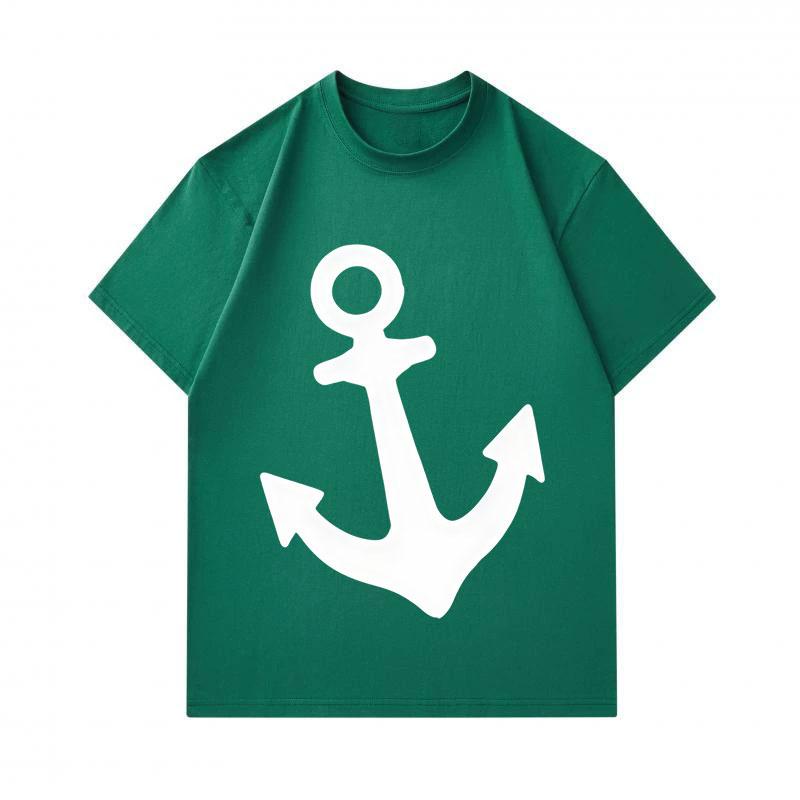 Men's 100% Cotton Short Sleeve Crew Neck T-Shirt, Classic White Nautical Anchor Print Casual Comfortable Tee, Breathable Lightweight Summer Top for Da