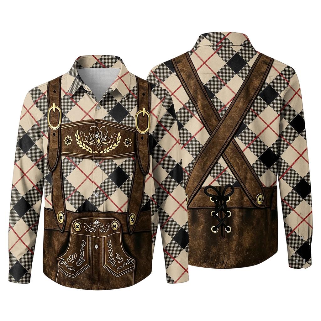 Men’s 3D Printed Loose Fit Turn-Down Collar Long Sleeve Shirt Vintage Plaid Design Casual Retro Style for Festivals Outdoor Parties