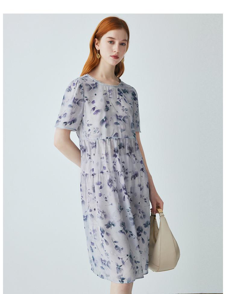 100% mulberry silk: Summer new round neck age reducing floral dress, elegant and slimming silk dress