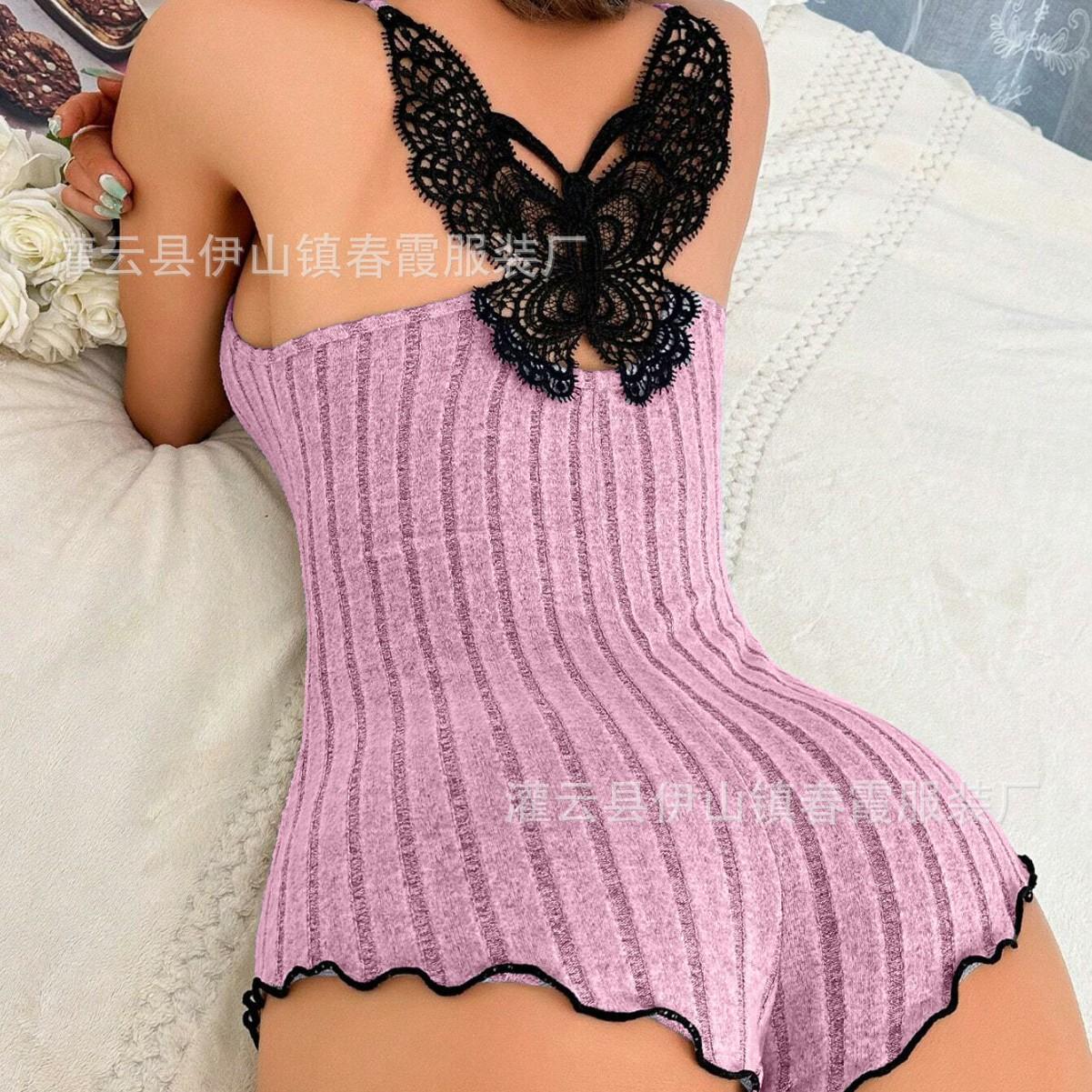 Female butterfly beautiful back polished pajamas loungewear European and American style lace polished splicing casual onesie S маджента
