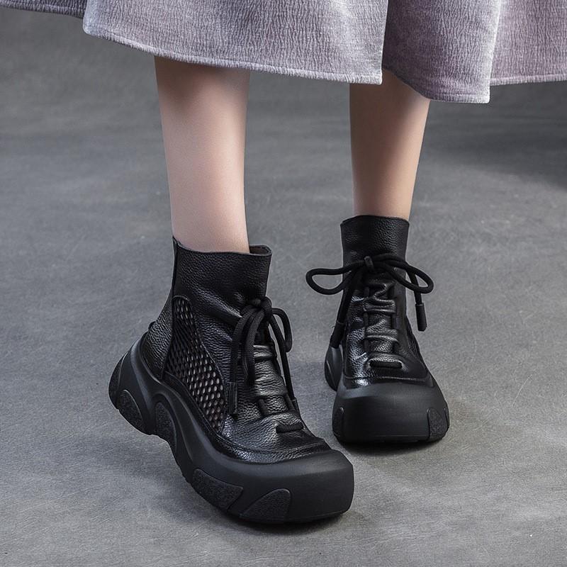 Johnature Cizme din piele naturală cu decupaje, retro, lucrate manual, cu vârf rotund, respirabile, pentru femei, cu talpă groasă