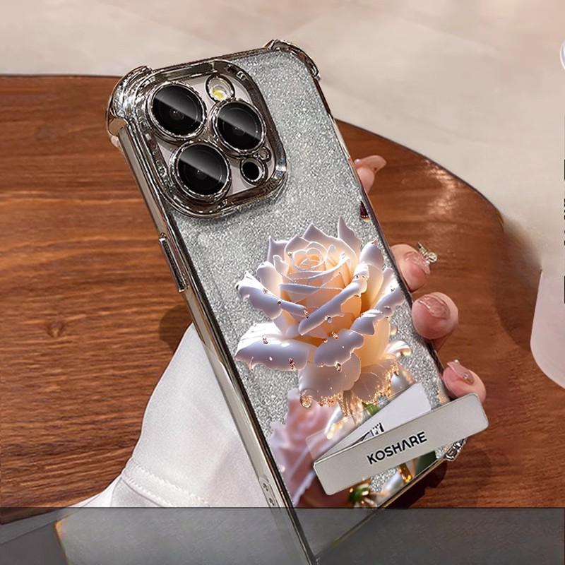 Crystal Rose Suitable for Iphone16 IPhone Case 15 High-end Sense 14promax Electroplated Flash Powder 13 Transparent