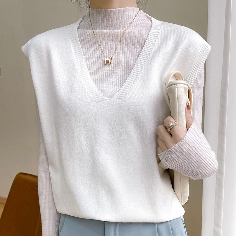 VEZFAA Women's Fashion Casual Fall Winter Solid Color Print Sleeveless V-Neck Sweaters