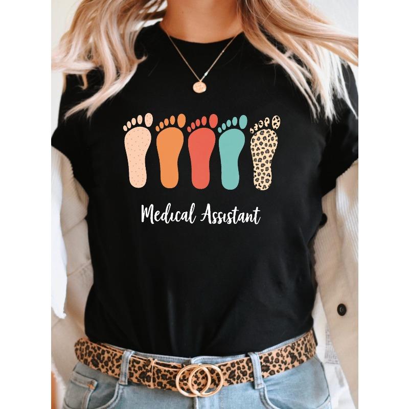 

Women s Footprint Print Short Sleeve Crew Neck Casual Tee For Podiatry Assistants S чёрный