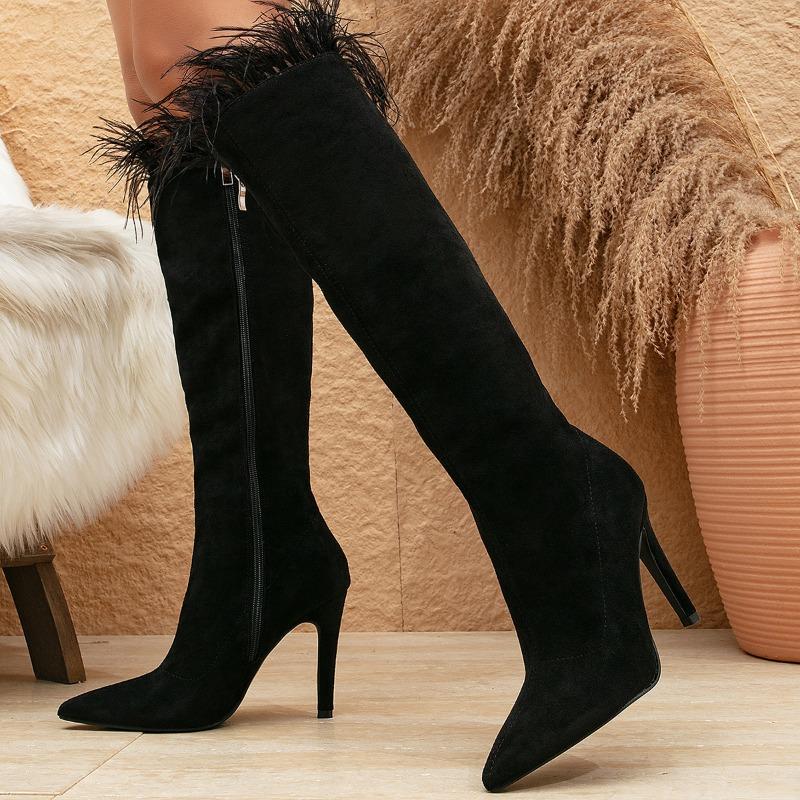 Winter New Suede Pointed High-heeled Long Tube Boots for Women's Fashion Splicing Feather Side Zipper Fashion Boots 35-42