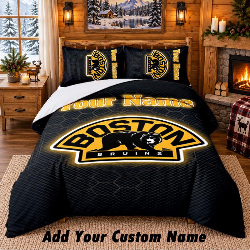 Boston Bruins Pattern Bedding 3Pcs Set Custom Name, Bed Sheet And Pillowcases For Home Bedroom