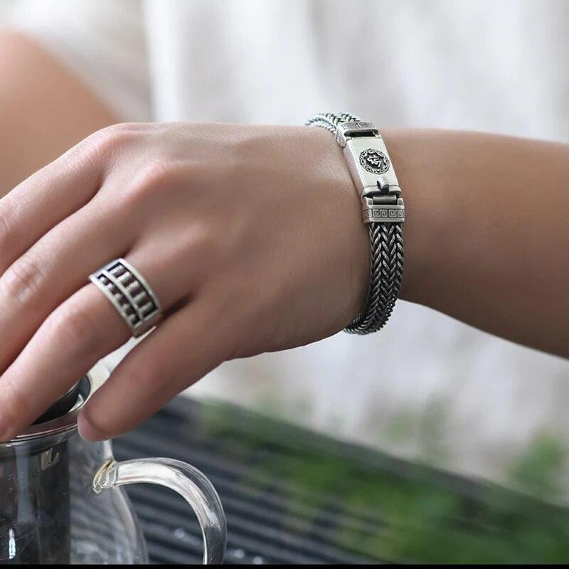 Hand-Woven Silver Men's Bracelet Fashion Trend Personality Chinese Style Retro Creative Thai Silver Jewelry Accessories