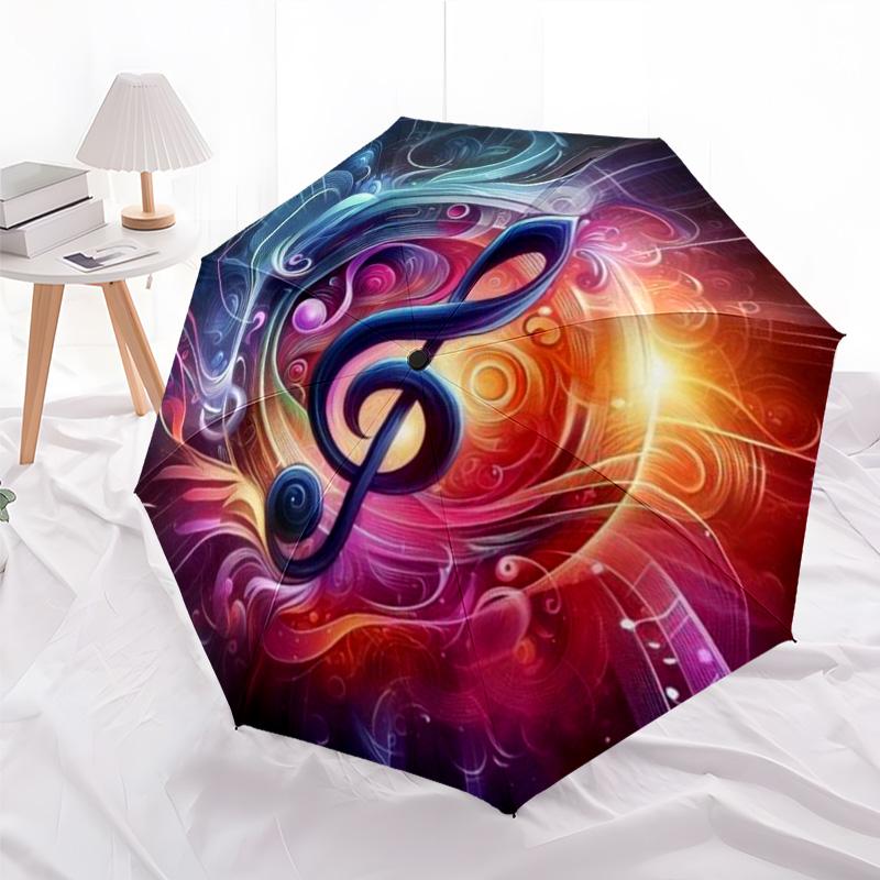 Colorful Gradient Musical Note Windproof Umbrella, Psychedelic Music Art Portable Umbrella