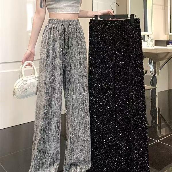 Women's 2026 Summer Rhinestone Sparkling Wide-Leg Drawstring Pants - Loose, Thin, Floor-Length Style